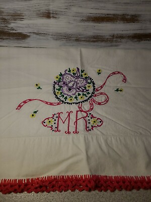 #ad VTG quot;Mr.quot; Embroidered Pillowcase 20 inches by 30 inches Vintage Crocheted Edges $8.90