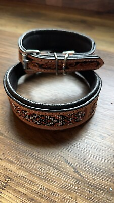#ad LEATHER DOG COLLAR Hand Tooled Brown Leather Size Medium ships From US $29.99