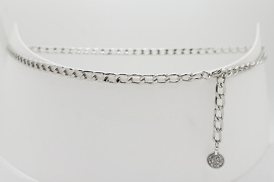 #ad Women Waist Hip Dressy Fashion Belt Silver Metal Chain Links Coin Buckle XS S M $17.95