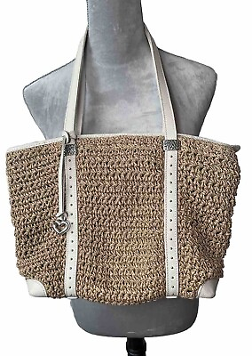 #ad Brighton Shoulder Handbag Tote Woven Straw Like Cream Leather Straps Trim READ $28.95