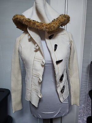 #ad Womens Small Sweater Cardigan Faux Suede Rib Knie Jacket With Fur Trimmed Hood $9.99
