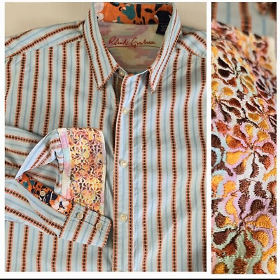 #ad Robert Graham Unique EMBROIDERED Flip Cuff Shirt XL Colorful Long Sleeve $59.00