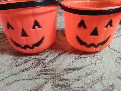 #ad 2x Vintage Carolina Ent Pumpkin Halloween Plastic Trick Treat Candy Bucket Pail $12.49
