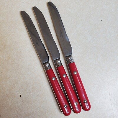 #ad Vtg Gibson Stainless Red Handle 3 Rivet Flatware Silverware 3 Knives Replacement $13.95