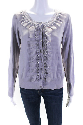 #ad Pamela Dennis Womens Knit Tulle Trim Button Up Sweater Cardigan Purple Size M $42.69