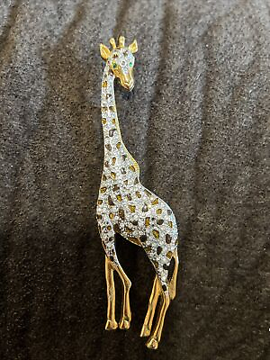 #ad Large Giraffe Brooch Pin Enamel amp; Green Rhinestones for Eyes 5” Long 2 Tone $24.90