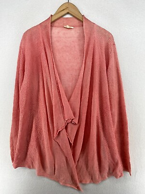 #ad EILEEN FISHER Cardigan L Pure Linen Fine Gauge Mixed Rib Draped Open Front PINK $28.99