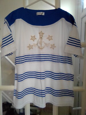 #ad Fabrizio Vintage 80#x27;s Nautical Short Sleeved T.Shirt Free Size Blue White Gold GBP 6.00