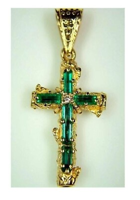 #ad 2.00Ct Baguette Cut Simulated Green Emerald Cross Pendant 925 Silver Gold Plated $148.52