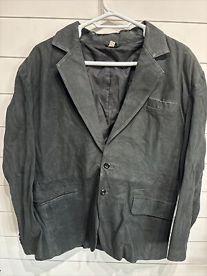 #ad VTG Black Genuine Leather Long Blazer Suit Jacket Coat Mens XL Double Button $44.95