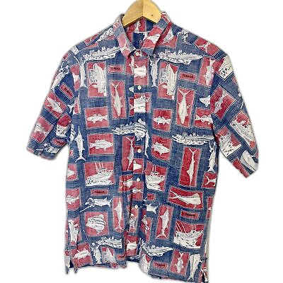 #ad Vintage Aftco Bluewater Wear Mens Hawaiian Shirt Reverse Print Fishing Yamaha $26.46
