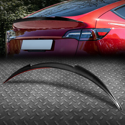 #ad FOR 20 24 TESLA Y GLOSSY REAL CARBON FIBER V STYLE REAR TRUNK LID SPOILER WING $132.99