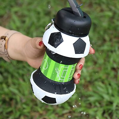 #ad Football Soccer Silicone Water Bottle with Straw Foldable Collapsible Travel Non $22.50