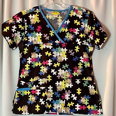 #ad Nurse Scrub Top size XS Wink Scrubs Puzzle Monkey Autism Pediatric Hospital $12.00