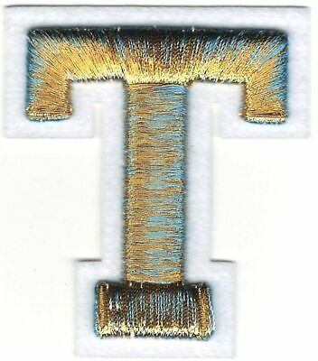 #ad 3D Raised Letter T Patch Embroidered Metallic Gold Blue Iron on Sew on 2 1 2quot; $3.99