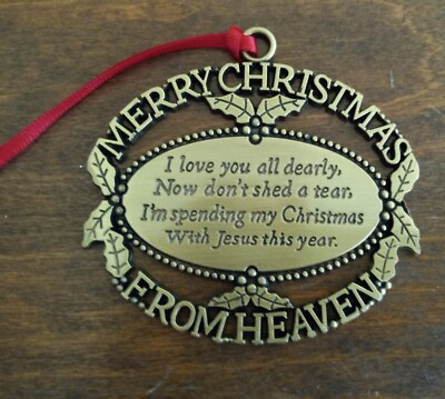 #ad 1989 John W. Mooney Jr Christmas Ornament Gold Metal Merry Xmas From Heaven 2384 $10.88