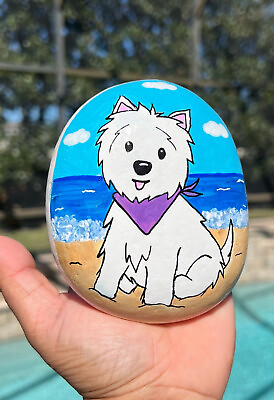 #ad Hand Painted Rock Westie Dog West Highland Terrier Puppy Purple Stone Art $24.99