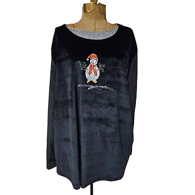 #ad Coconut Bay Sweater Womens 2X Black Velour Snowman Plus Size Soft Pullover $12.24