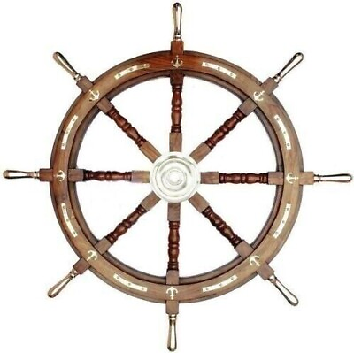 #ad 36quot; Handmade Wheel Wooden Large Captain#x27;s Ship w Brass Handle Wall Decor $187.96