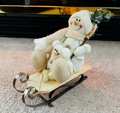 #ad stuffed plush snowman ridding sleigh country cottage core Christmas winter deco $18.30