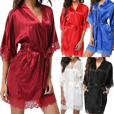 #ad 1 Pc Women Plus Size Satin Lace Black Kimono Sleepwear Robe Sexy Night Gown Erot $15.35