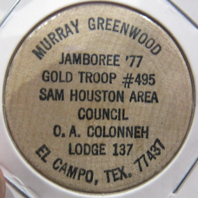 #ad 1977 Murray Greenwood BSA Jamboree El Campo TX Wooden Nickel Token Texas $5.99