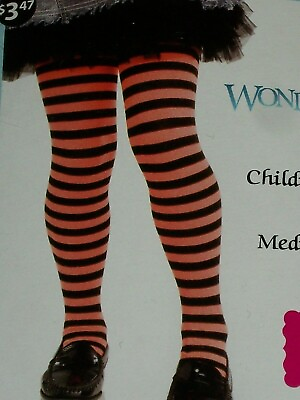 #ad Halloween Child#x27;s Orange Black Striped Tights Med 7 10 Wonderland Opaque Girls $12.99