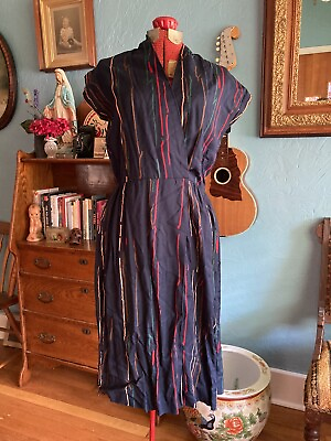 #ad VINTAGE 70s 80s NAVY RAYON ABSTRACT STRIPED FAUX WRAP DRESS M $25.00