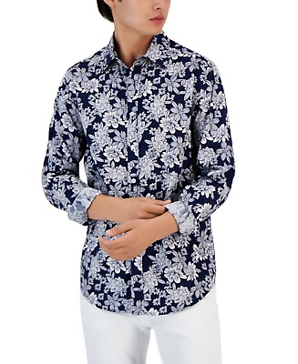 #ad Club Room Zalina Mens Floral Button down Shirt Navy Medium $5.61