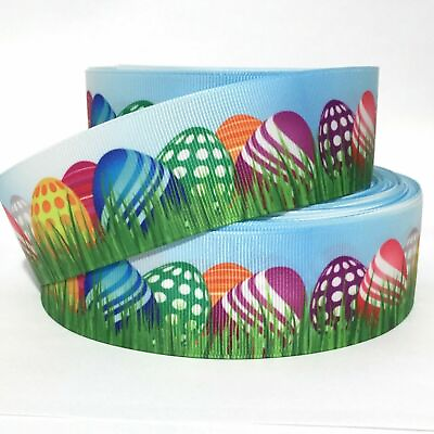 #ad GROSGRAIN RIBBON 5 8quot; 7 8quot; 1.5quot; 3quot; Easter Eggs on Grass on Blue Printed $12.38
