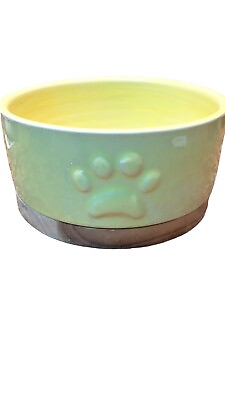 #ad #ad *Yellow Ceramic Dog Dish With Paw Print And Has A Wooden Base So Pretty 6” X 3” $7.00