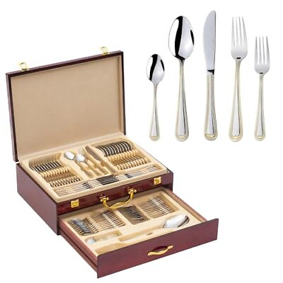 #ad 18 10 Flatware Service for 12 75 Piece Stainless Steel Set Polished Cutlery w... $298.75
