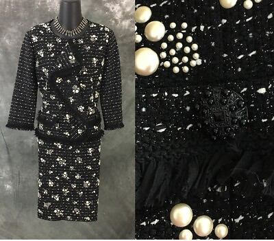 #ad BEAUTIFUL st john couture knit black white pearl fringe jacket skirt suit 6 8 $499.00