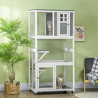 #ad PawHut Outdoor Cat House Wooden Catio on Wheels W Weather Protection Roof $249.99