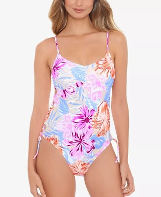 #ad Salt Cove MULTI Hot Hibiscus Lace up Side One Piece Swimsuit US X Small $13.44