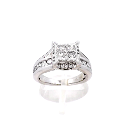 #ad 14K White Gold Princess Cut Invisible Set Round Natural Diamond Engagement Ring $1139.05
