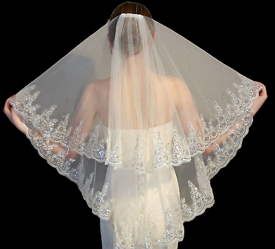 #ad Bridal Veil Sequins Luxury Veil Appliques Lace Edge Long Wedding Veils with Comb $11.97
