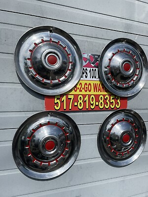 #ad 1952 53 Chrysler 15” Hubcaps 4 RareOem Convertible Rat Rod Stainless Red Accents $175.00