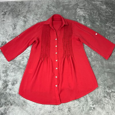 #ad Fridaze Shirt Womens XS Red Linen Button Roll Tab Sleeve Bohemian Oversized $21.97