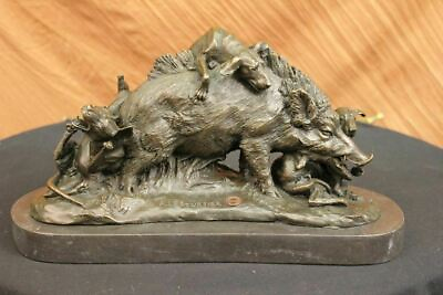#ad Art Deco Farm Decor Happy Pig Boar Wild Dog Dogs Bronze Sculpture Marble Figure $499.00