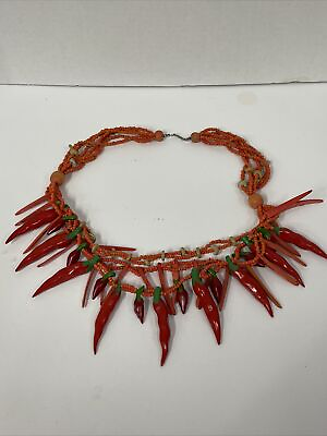 #ad VINTAGE MEXICAN STYLE WOODEN NECKLACE WITH LOTS OF RED CHILE PEPPERS BEADS $14.99