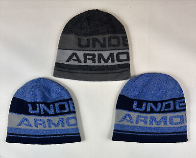 #ad Under Armour ColdGear 3 Beanies Set Youth Boy’s One Size Gray amp; Blue EUC. $16.00