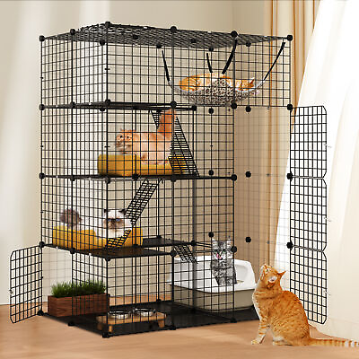 #ad 4 Tier Large Cat Cage Enclosure Metal Wire Kennel DIY Playpen Catio with Hammock $64.86