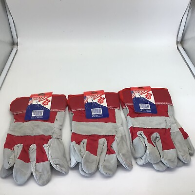 #ad 3 pair NEW Split Leather Working Gloves Red Gray Size Men’s Medium Large $6.00