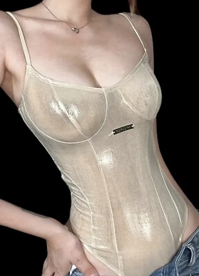 #ad Metallic Hi Leg Shiny Soft Wet Oily Cut Out Teddy Bodysuit Lingerie Sissy L XL $37.75