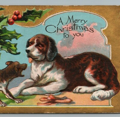 #ad Saint Bernard Dog Dogs Cute Christmas Greetings Holly Gold Embossed Postcard $14.50