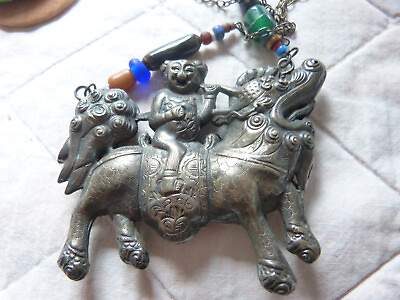 #ad Antique Chinese Silver Qilin Dragon Pendant Necklace Warrior riding Quilin $788.00