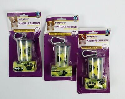 #ad 3 PACK 3 Dispensers 6 ROLLS Yellow Paw Print Waste Bag W CLIP Dog Pet Poop Bags $8.31