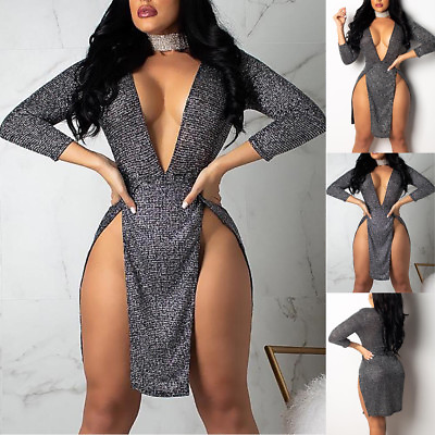 #ad Sexy Women Sequin Deep V Bandage Bodycon Evening Party Cocktail Club Mini Dress $17.99