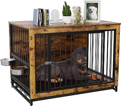 #ad Large Dog Crate Furniture W 2 Bowls Wooden Dog Cage End Table Indoor Dog Kennel $199.99